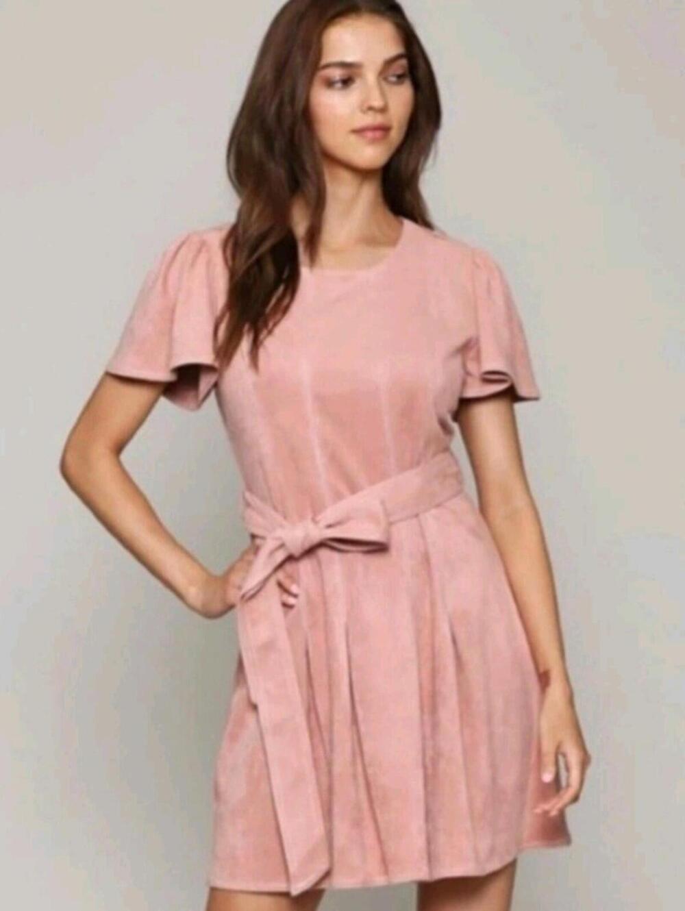 Fate Large $75 Flutter Short Sleeve Faux Suede Belt Cinched Waist Pleated Dress